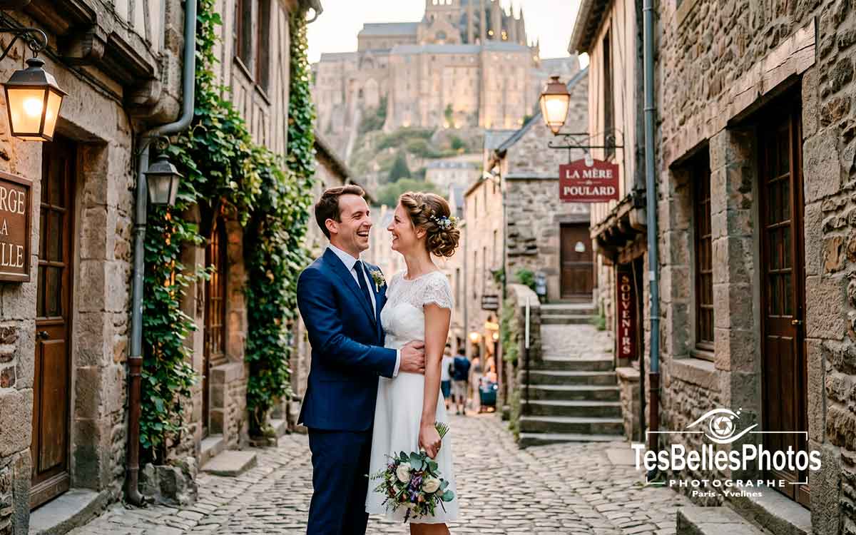 Photographe mariage au Mont-Saint-Michel – séance couple naturelle dans la cité médiévale