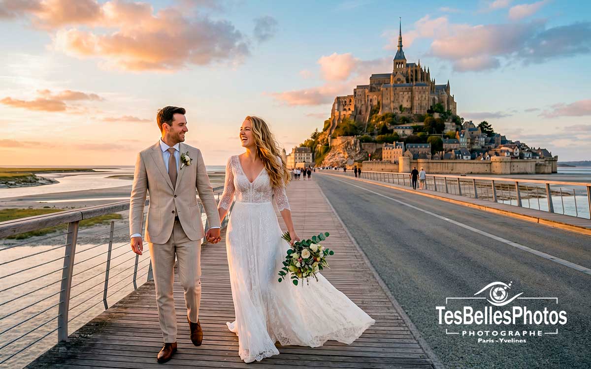 Photographe mariage au Mont-Saint-Michel – séance couple élégante au coucher du soleil
