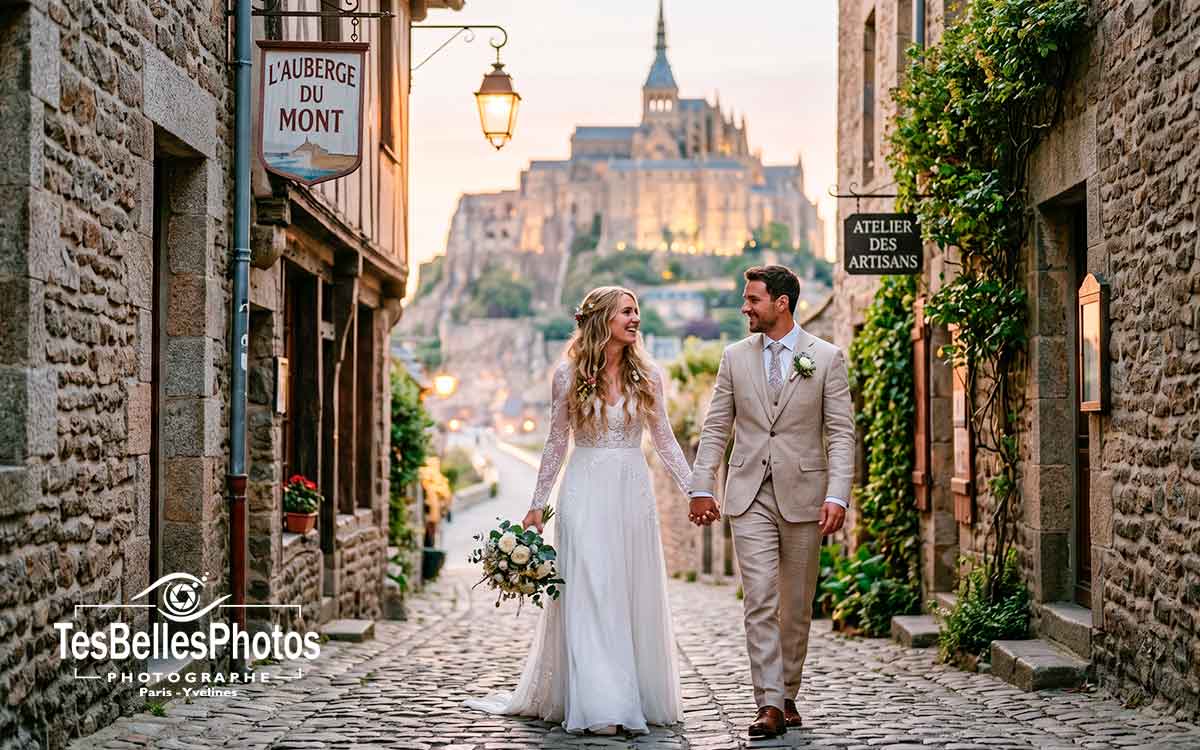 Photographe mariage au Mont-Saint-Michel – séance couple élégante dans la cité médiévale