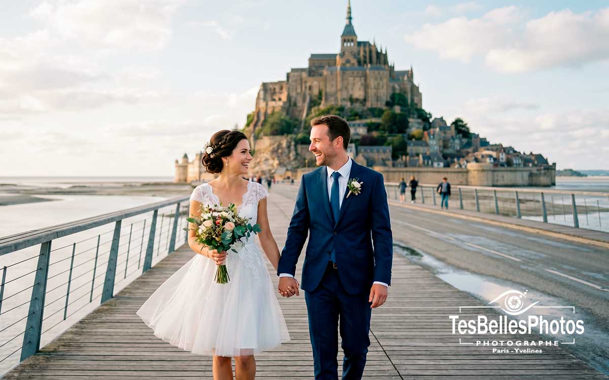 Photographe de mariage au Mont-Saint-Michel – séance couple élégante des mariés