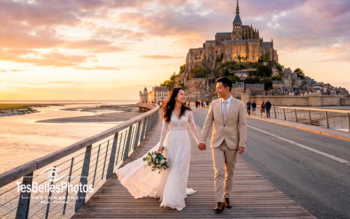 Photographe de mariage au Mont-Saint-Michel – séance pre-wedding élégante d’un couple chinois