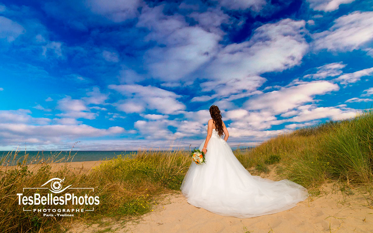Photo mariage sur la plage du Calvados en Normandie, photographe mariage Honfleur