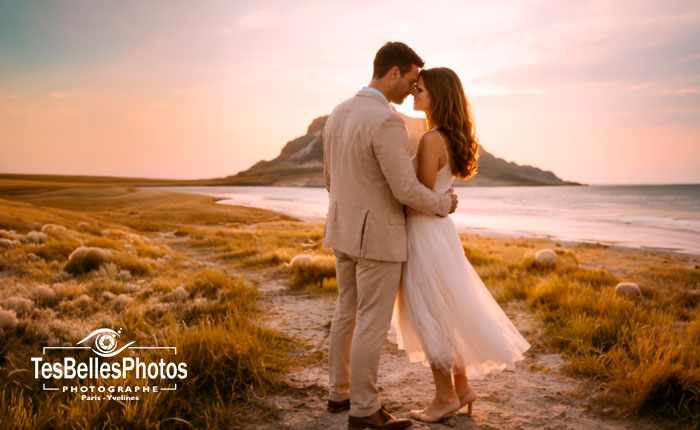 Séance photo de couple lifestyle élégante au coucher du soleil dans la baie du Mont-Saint-Michel