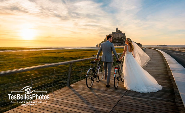 Shooting Day After élégant de couple au Mont-Saint-Michel réalisé par un photographe de mariage