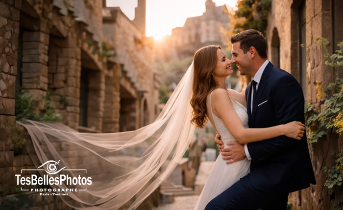Photo de séance couple romantique au Mont-Saint-Michel réalisée lors d’un mariage par un photographe professionnel
