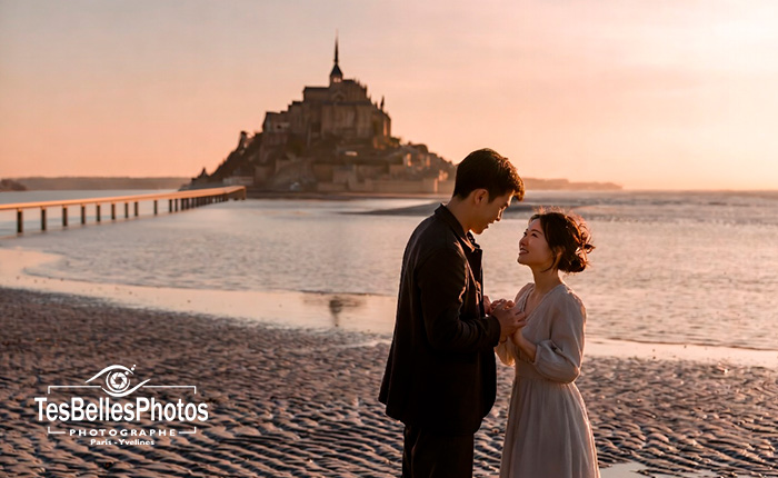 Séance pre‑wedding de couple chinois au Mont-Saint-Michel réalisée par un photographe chinois